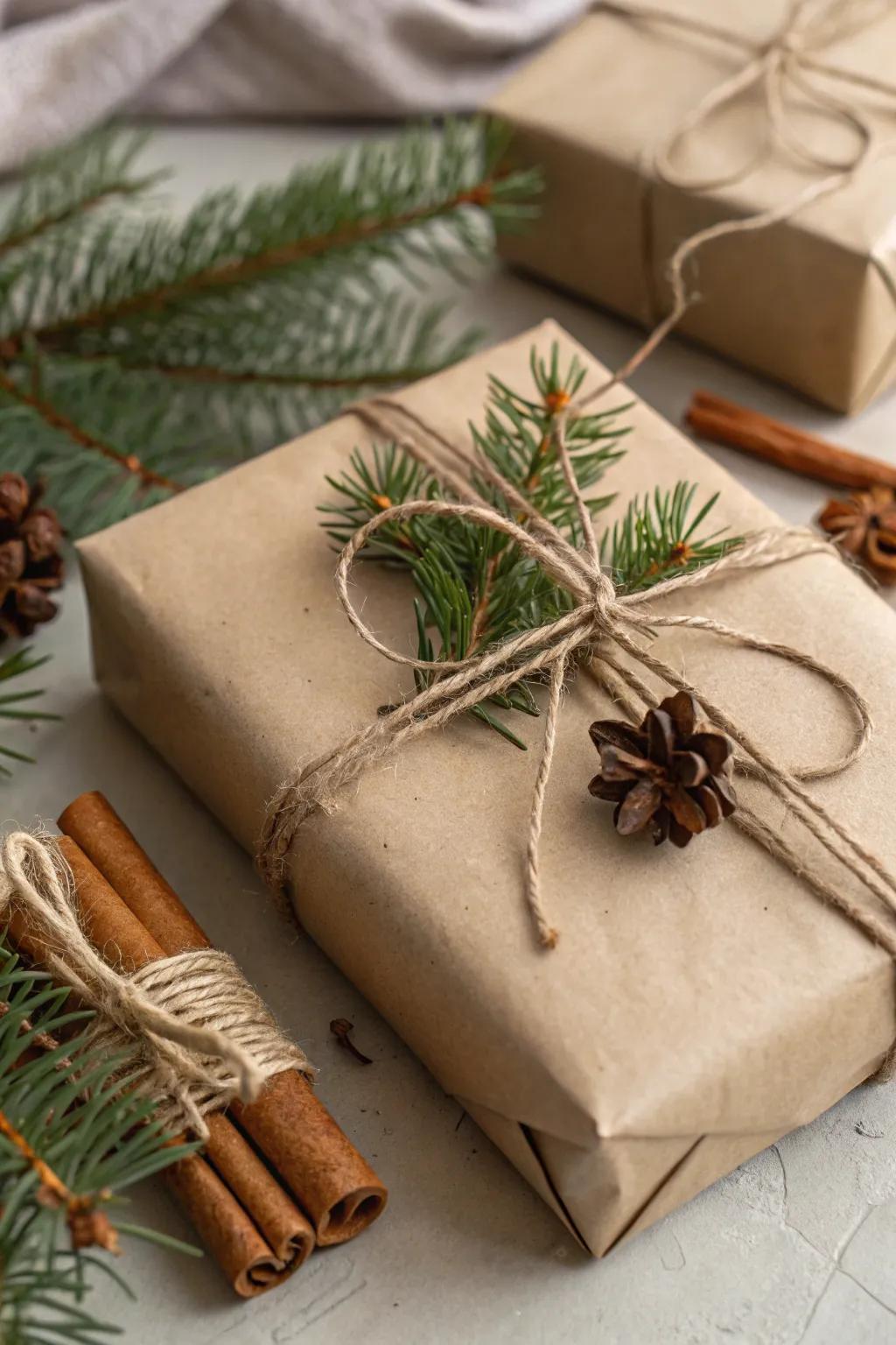 A gift echoing the forest, adorned with natural components to envelop your holiday presents in coziness.