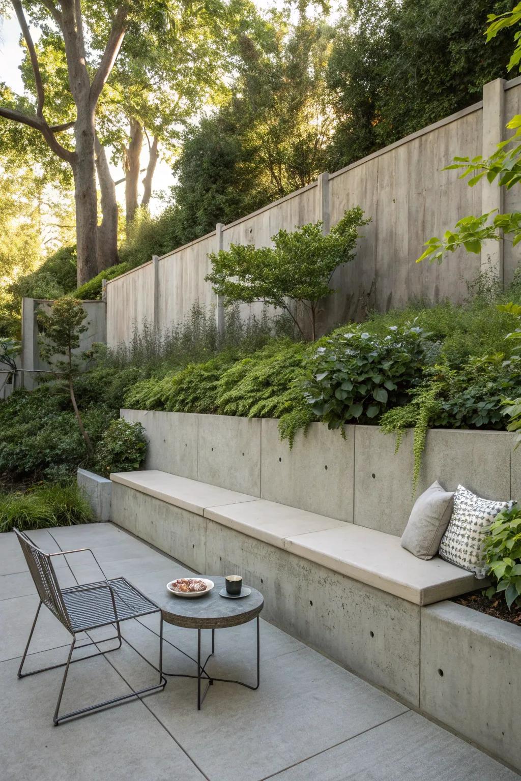 Concrete wall complete with integrated bench, perfectly suited for relaxation.