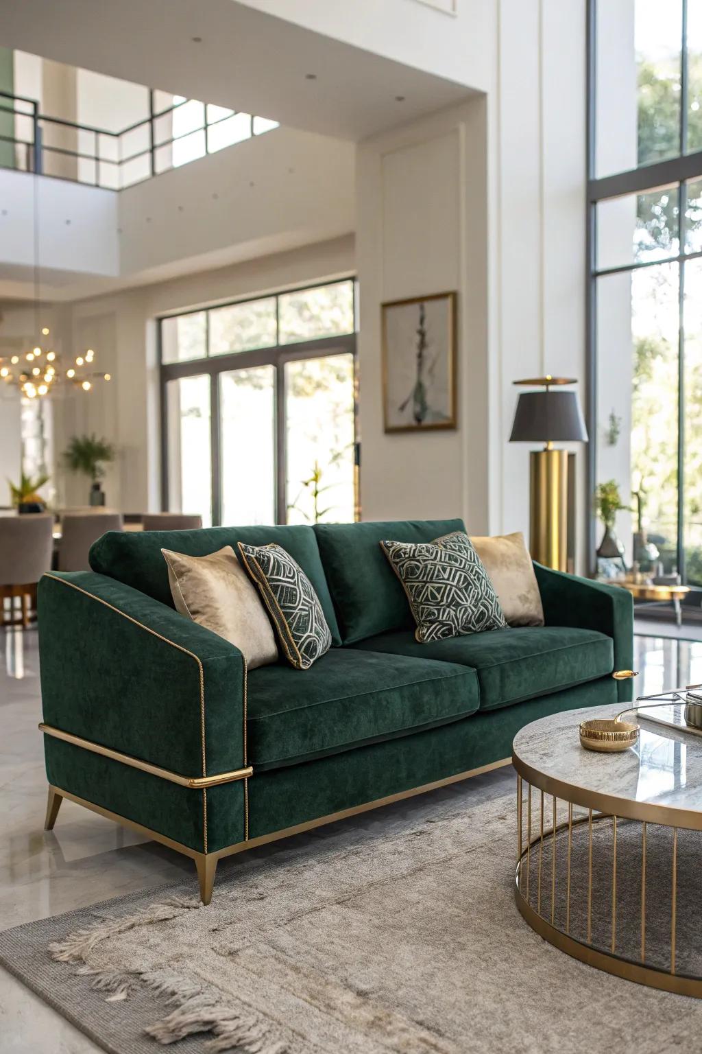 A dark green velvet couch oozes richness and infuses a unique charm into your living area.