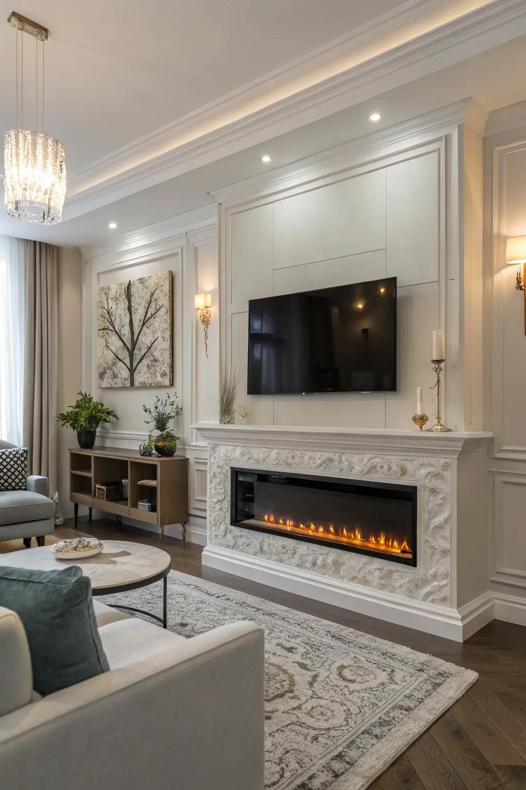 An electric fireplace nestled gracefully beneath a wall-mounted TV.