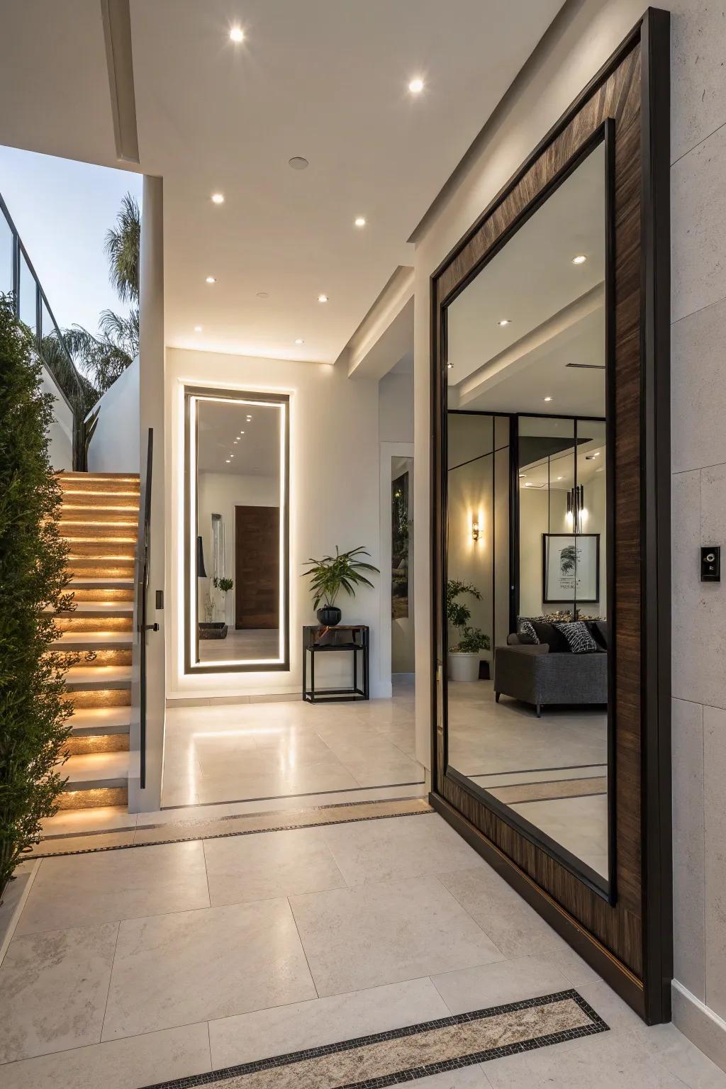 A large mirror widens the area and introduces beauty to a modern entryway.