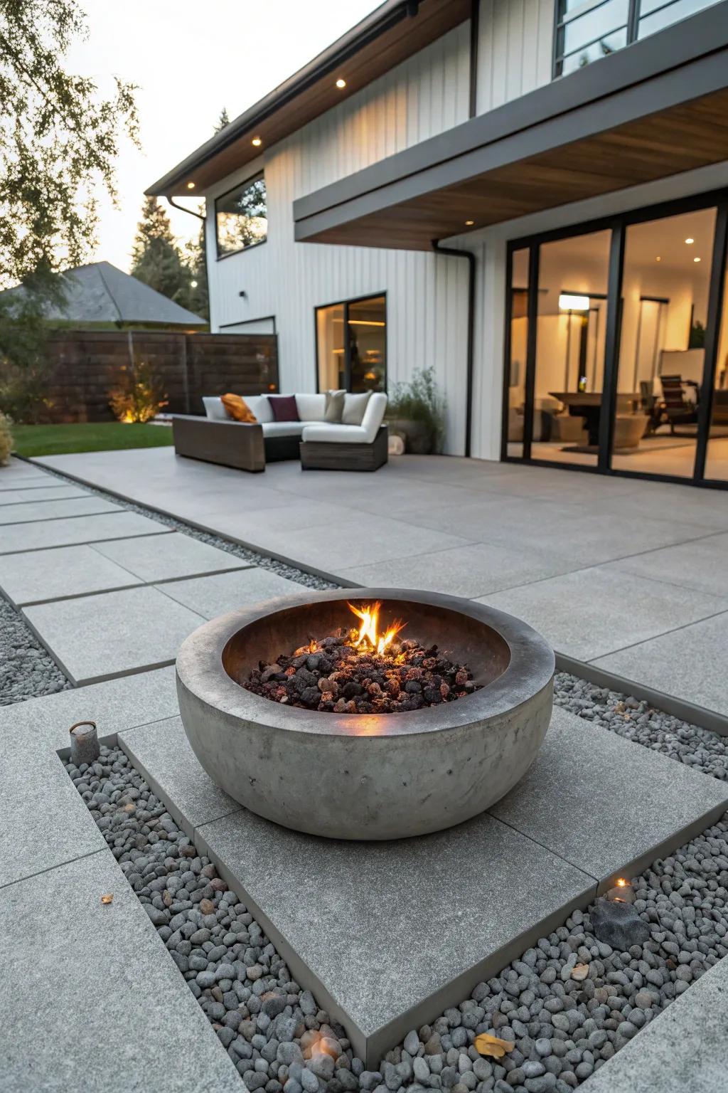 A modern patio featuring a central hearth centerpiece for cozy gatherings.