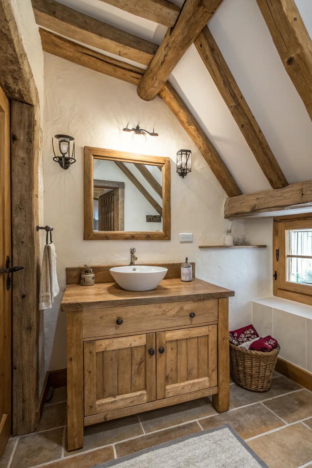 Weathered wood items introduce warmth and texture to the bathroom.