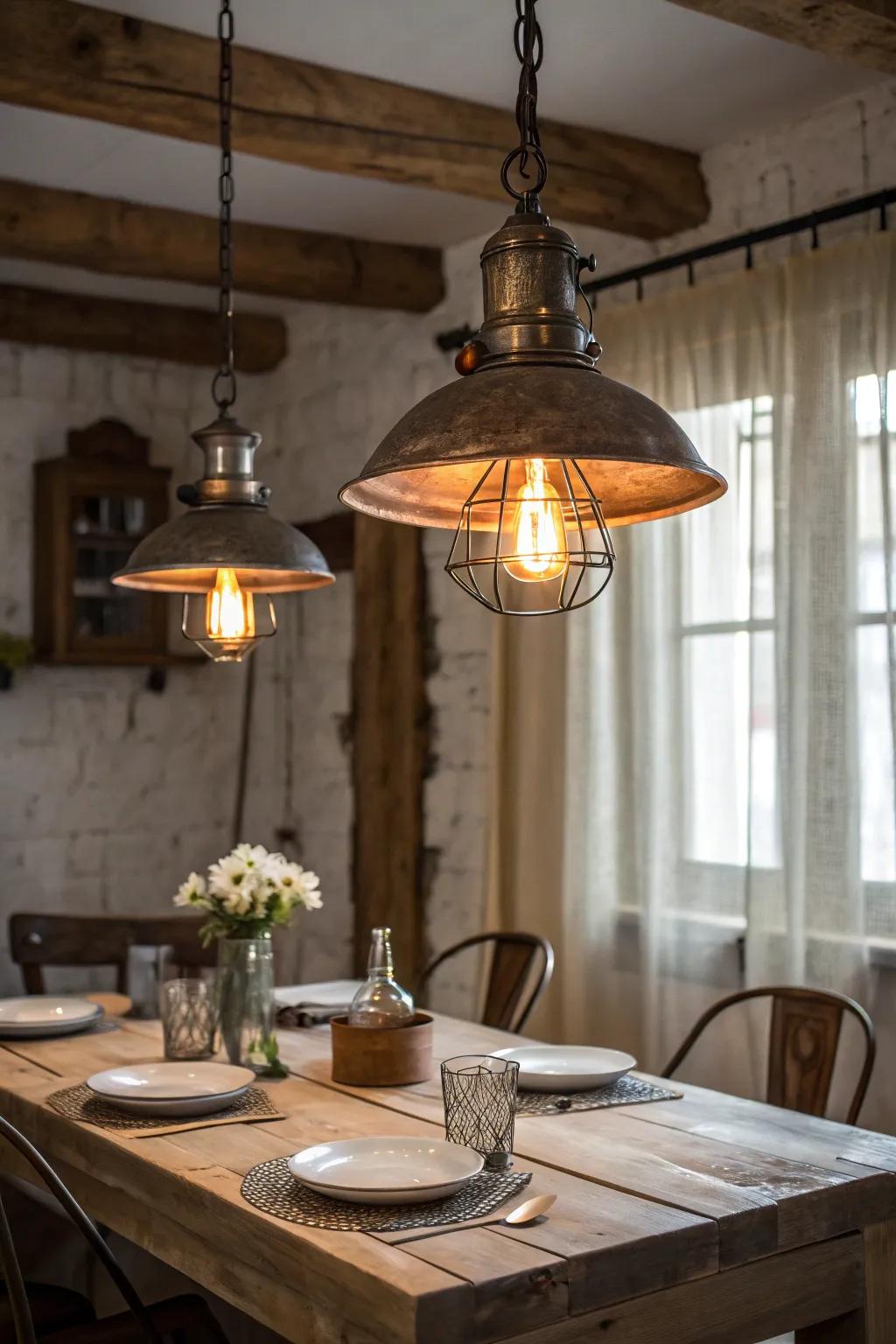 Factory-inspired lighting introduces a contemporary touch to country-style environments.
