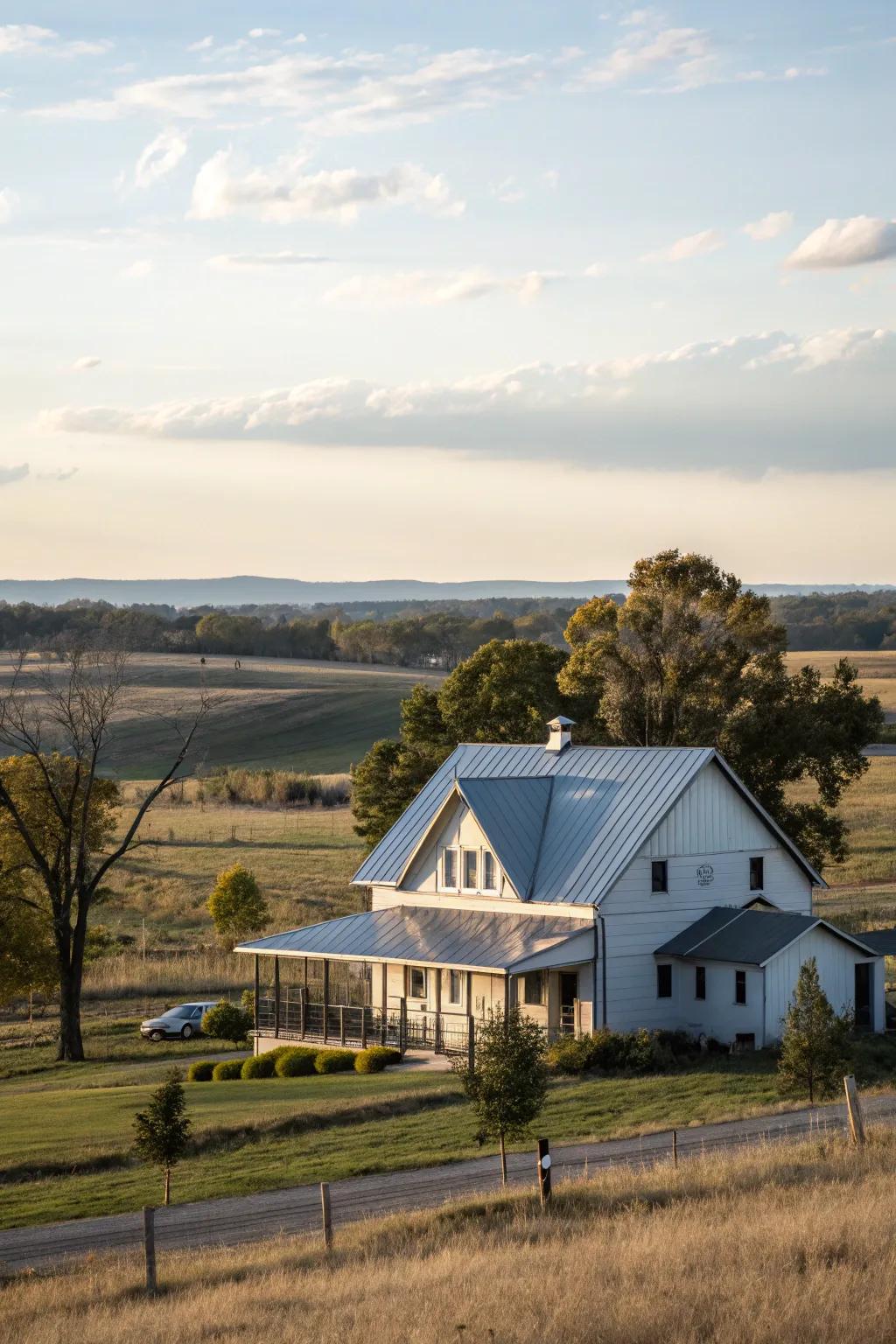 Rustic elegance: The farmhouse gleams beneath a shimmer metal roof.