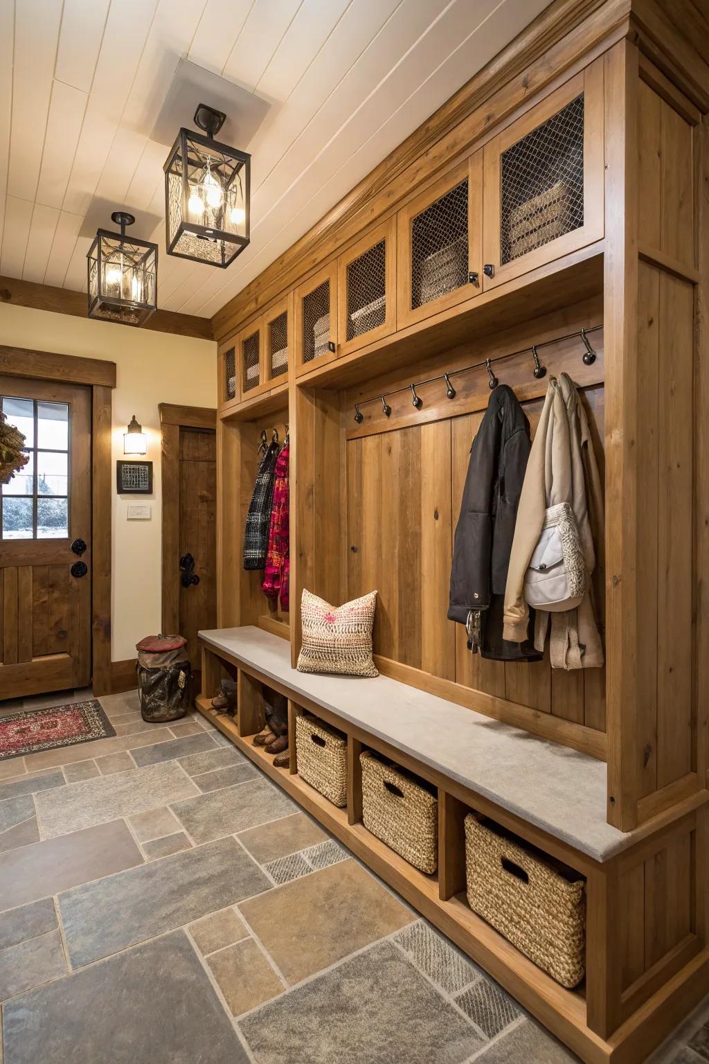 Efficient mudroom featuring integrated seating and storage solutions.