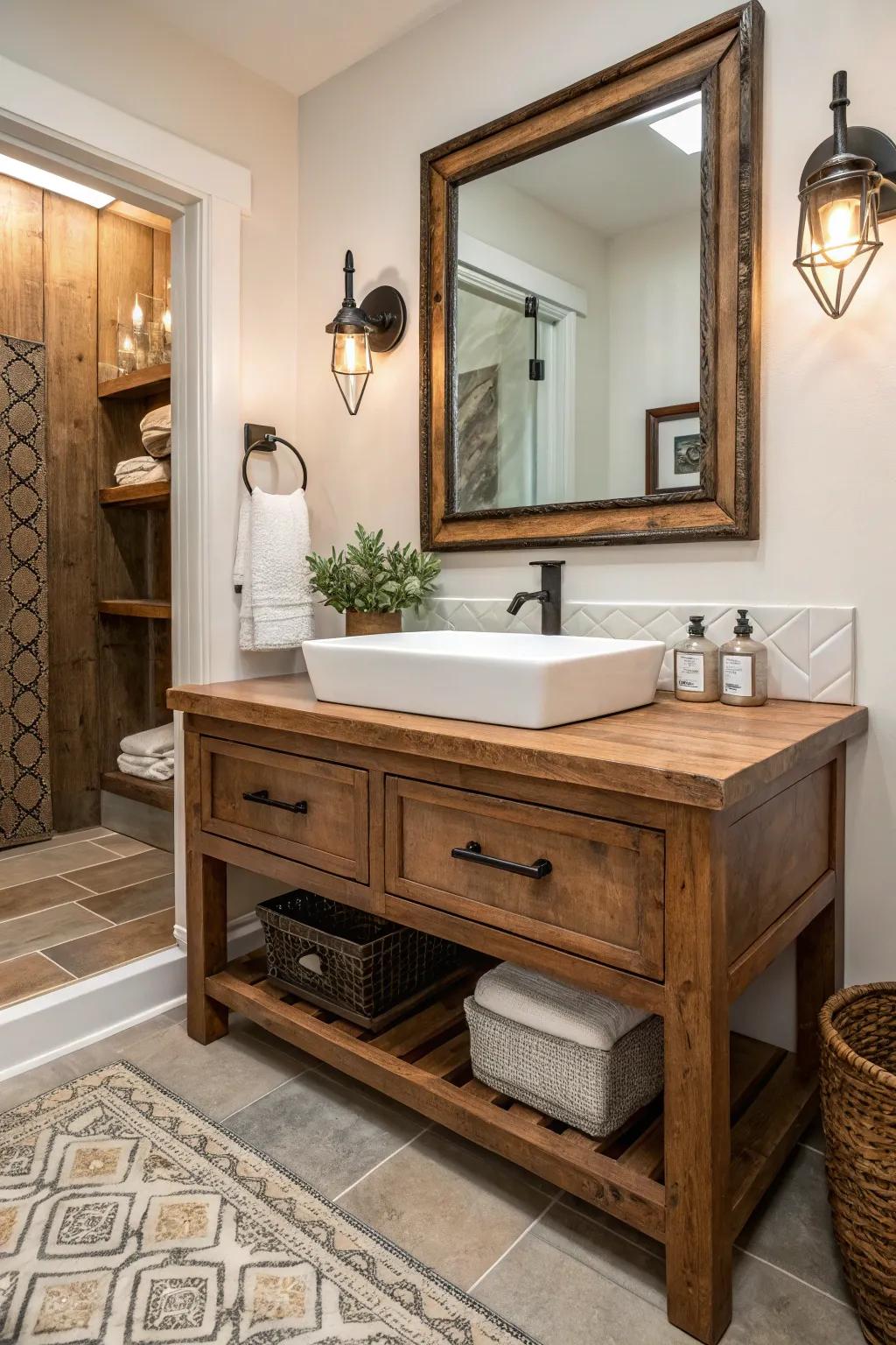 A reclaimed wood dresser in a contemporary farmhouse washroom.