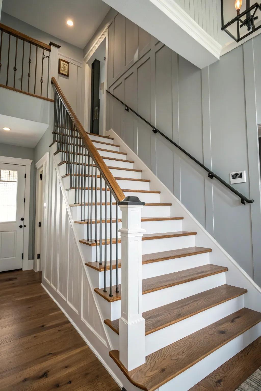 A staircase with a soothing white and gray color palette, offering a fresh and calming look.