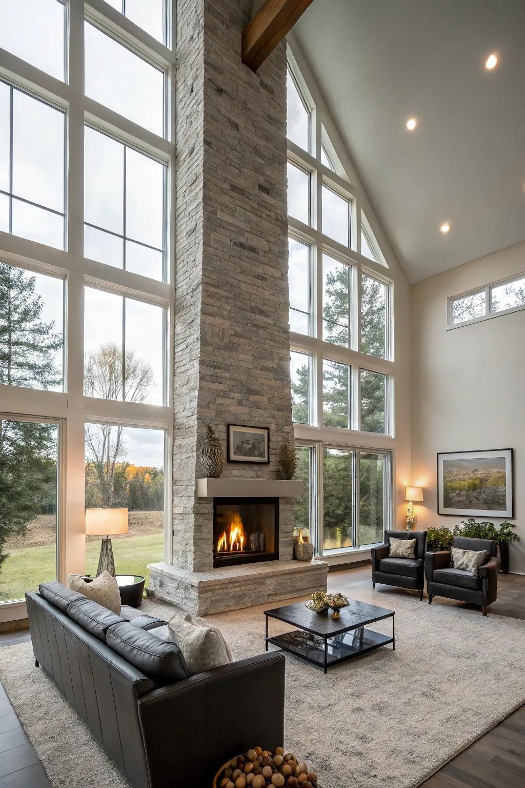 A floor-to-ceiling firebox adds dramatic flair to this contemporary living room.