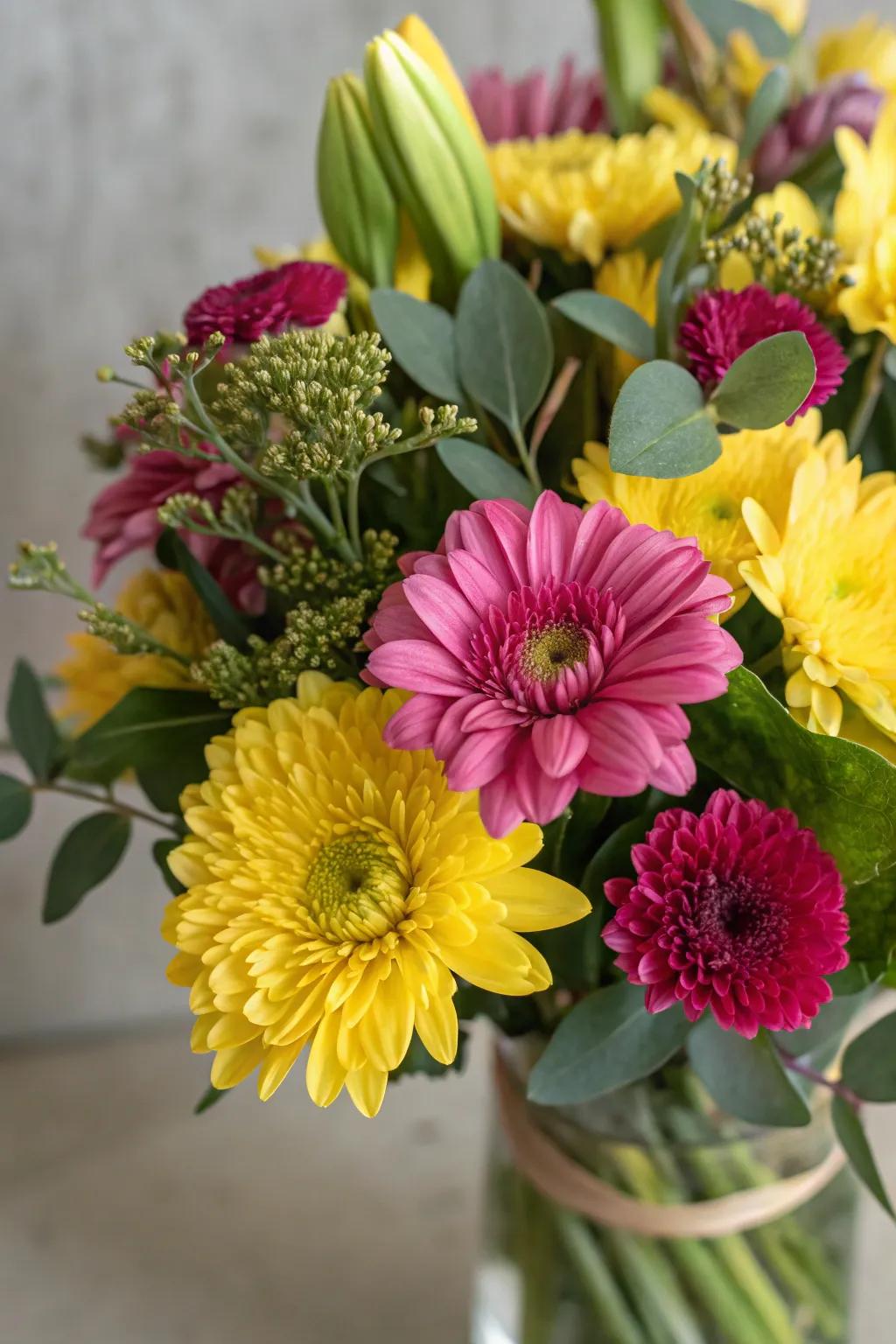 A vivid flower arrangement showcasing lively color palettes.