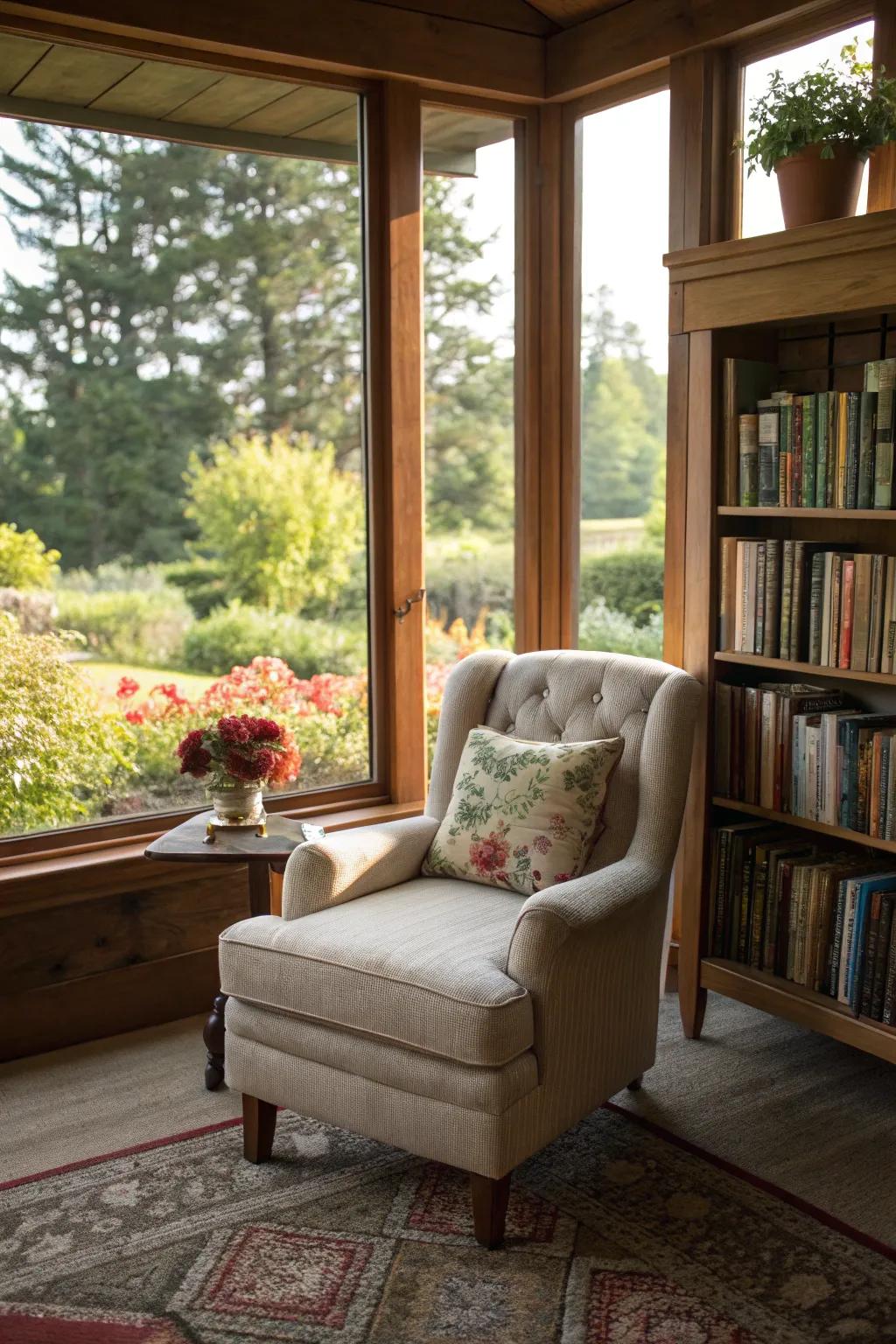 An adorable reading nook flooded with natural light, ideal for losing oneself in a splendid novel.