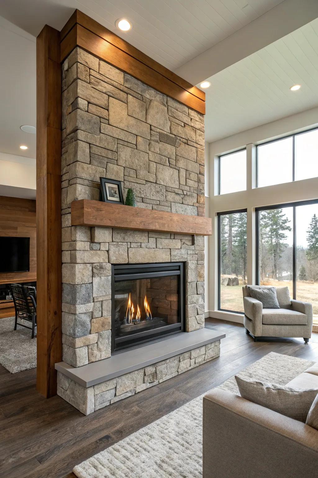 A gas fireplace displaying a contrast of materials to enhance texture.