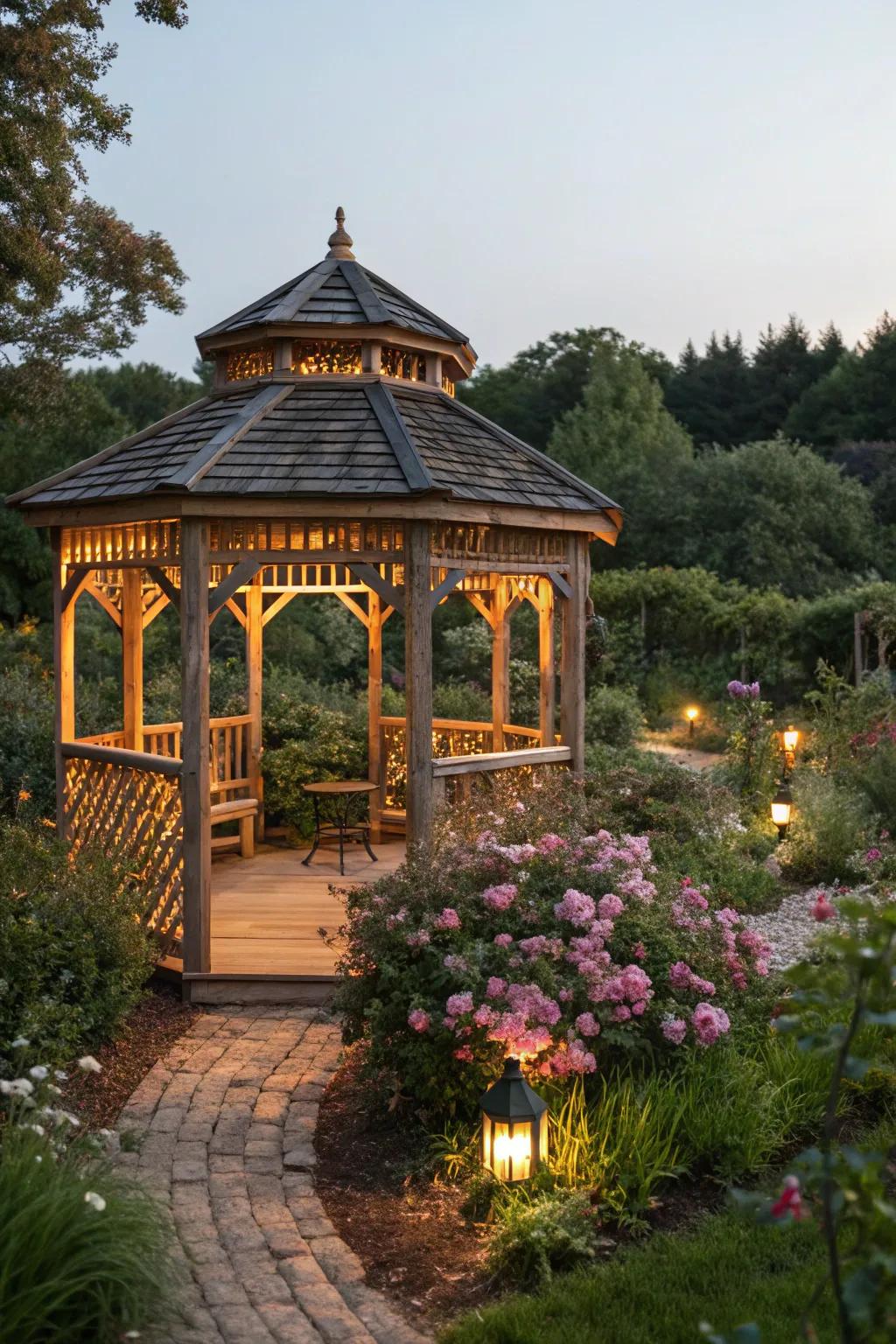 A rustic wood slat gazebo presenting a welcoming and cozy outdoor haven.