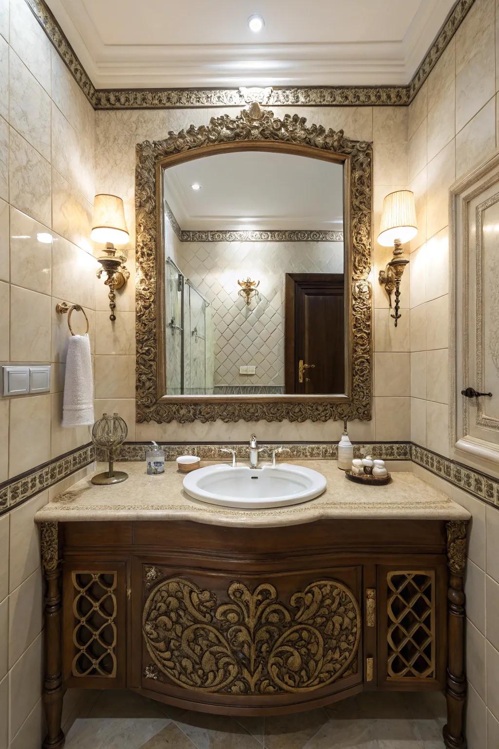A bathroom exhibiting a large-dimensioned fancy looking glass that appends character and profundity.