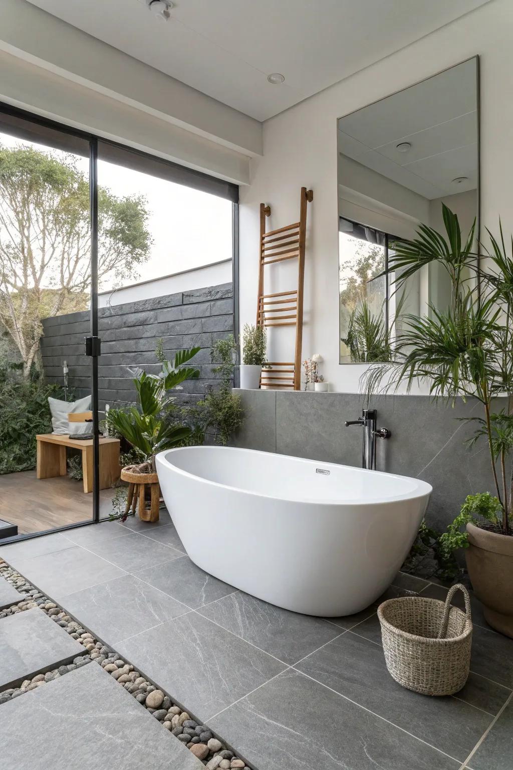 A stand-alone bathtub enhances the overall design, becoming the bathroom's focal point.