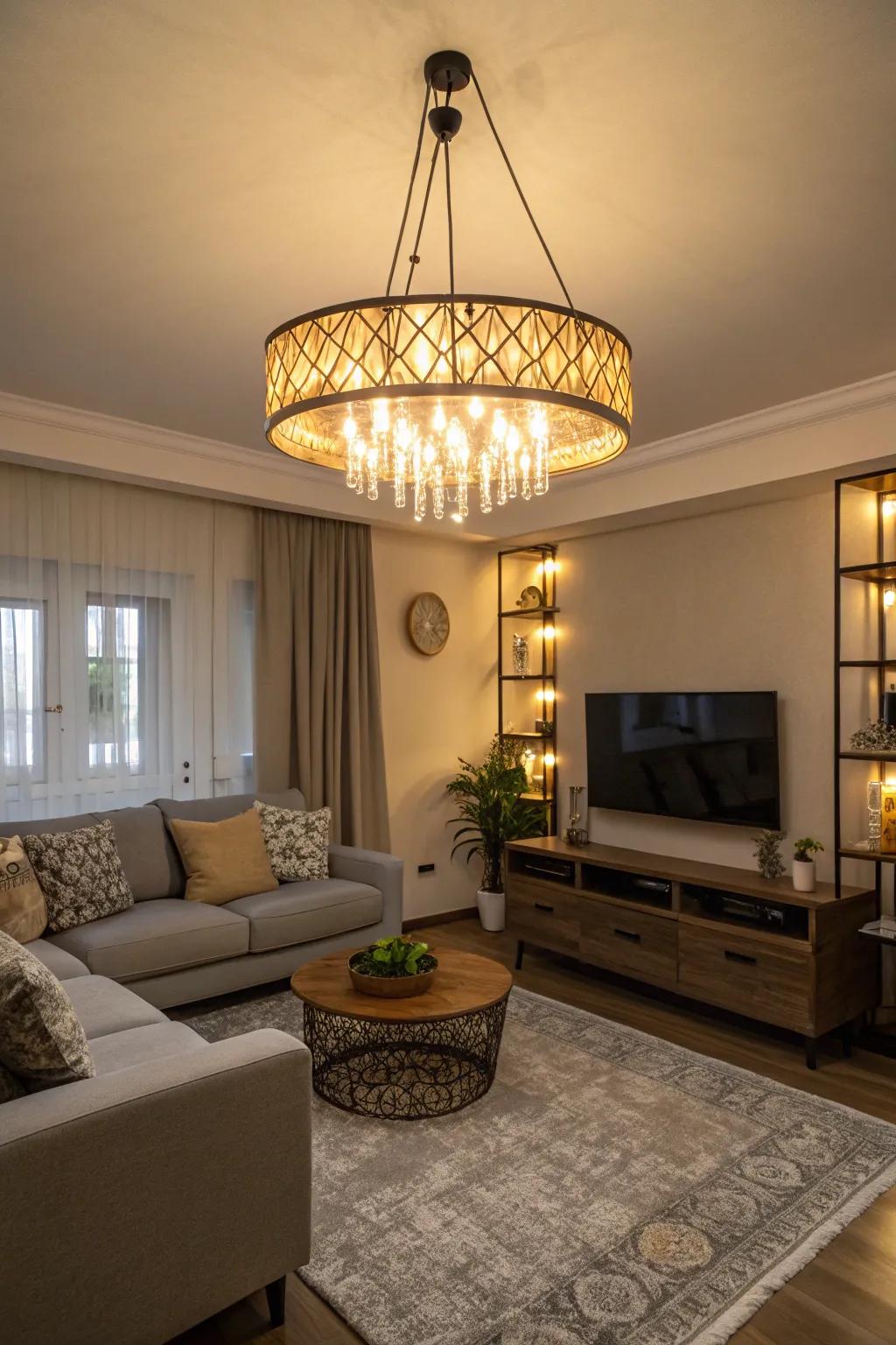 Warm lighting complements grey and beige tones beautifully.