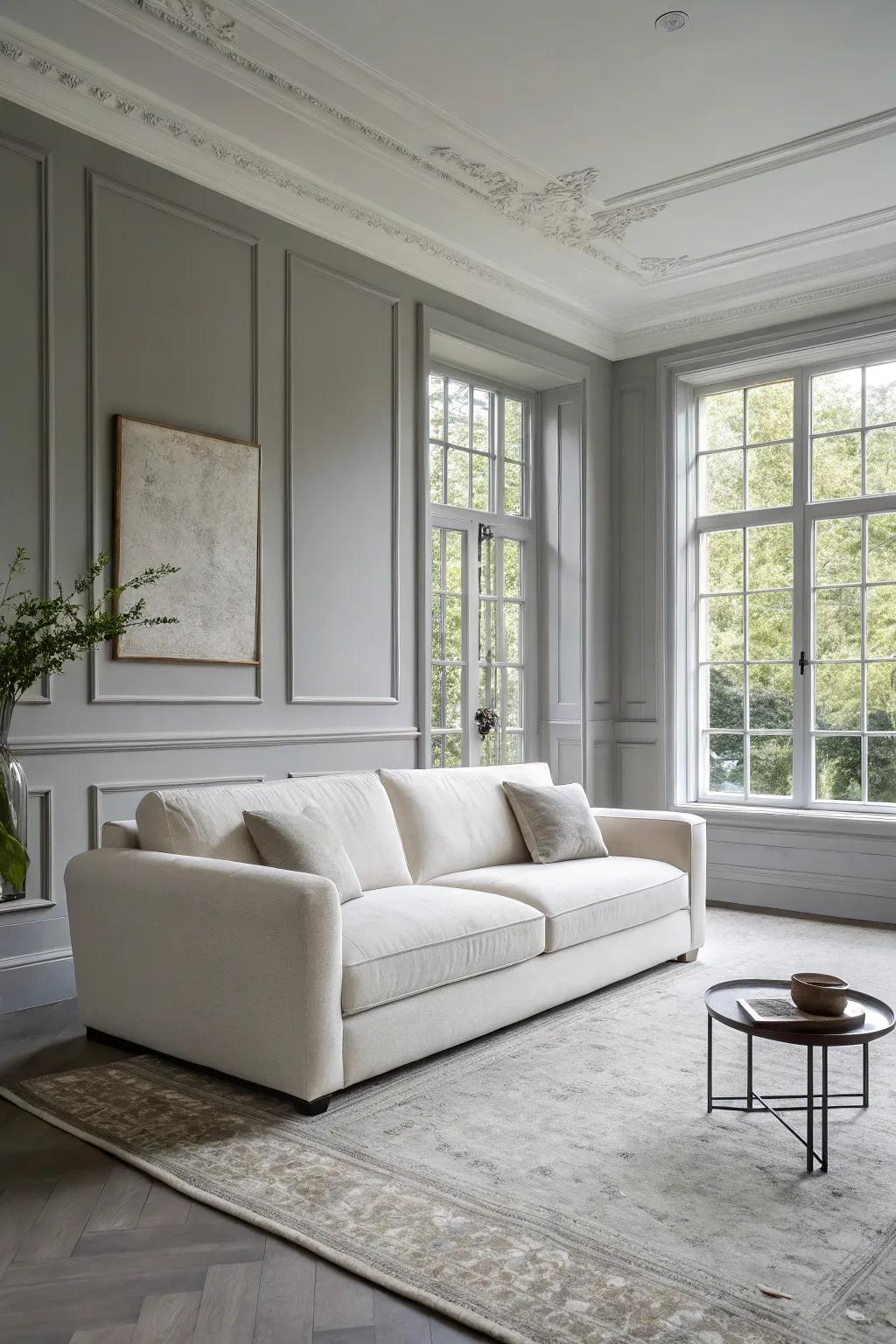 Polished white furniture brightens the living room.