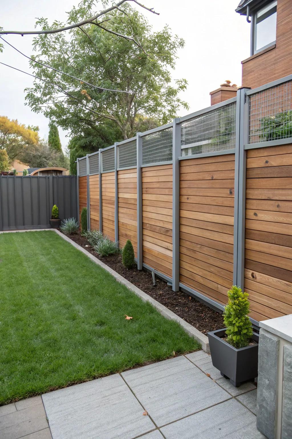 Forge an arresting layout by intermingling timber and metal in your fence.