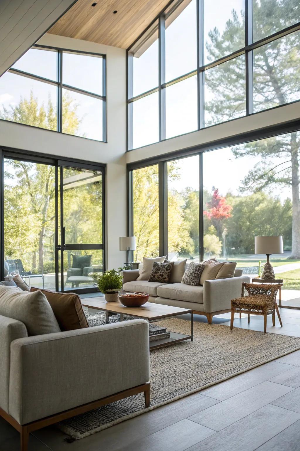 Expansive contemporary windows in a living room, inviting natural light.
