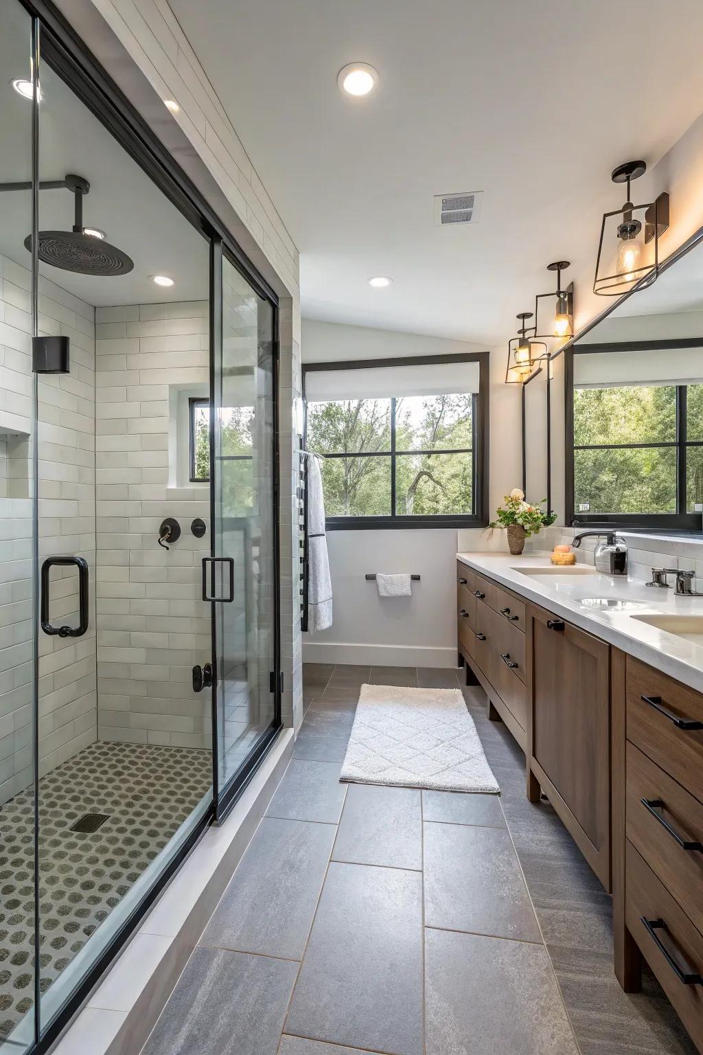 Shared showering spaces boost convenience in connecting baths.