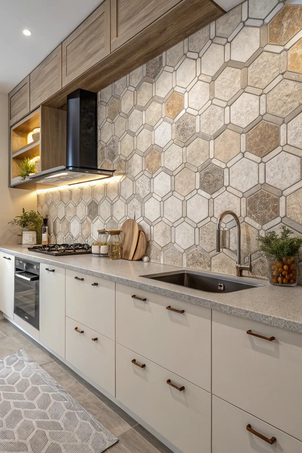 Six-sided tiles bring shape and flair to your kitchen.