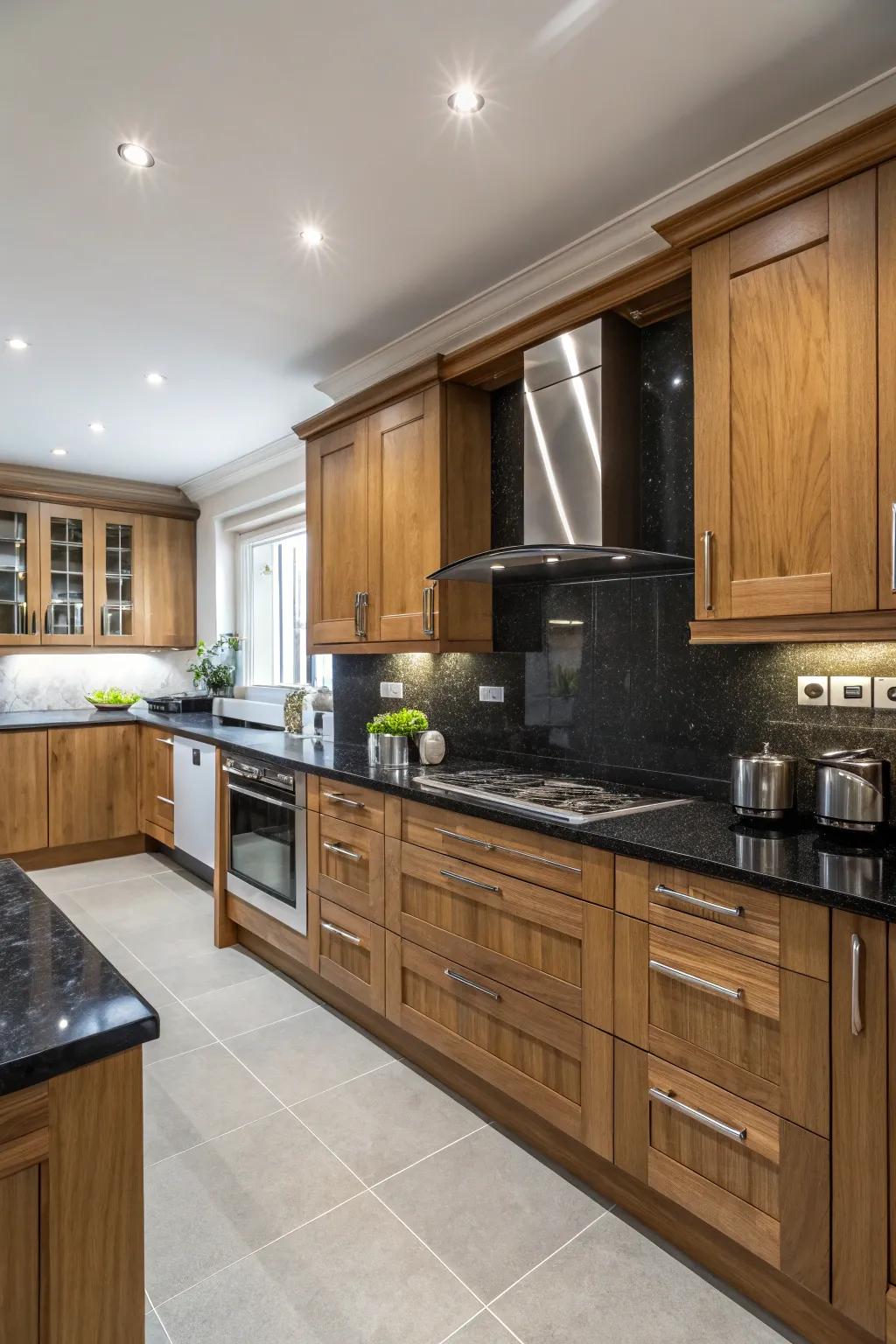 Shadowy worktops beautifully enhance the cozy hues of timber vanities.