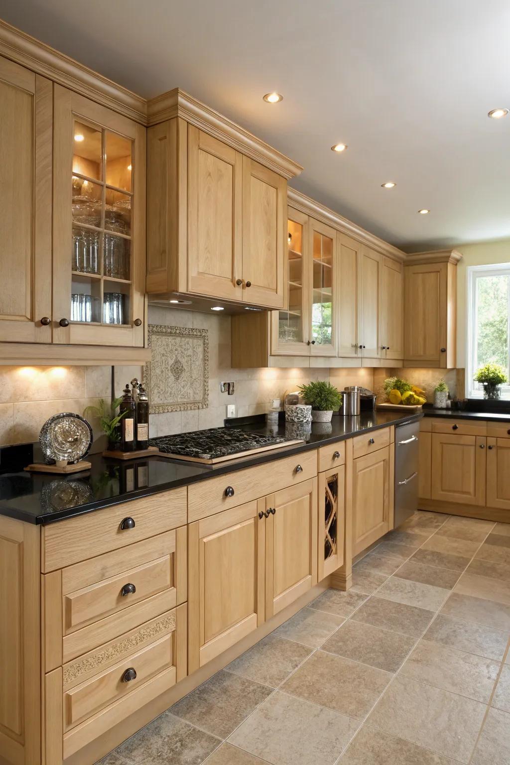 The comparison of dark worktops against light oak cabinets delivers a remarkable visual effect.