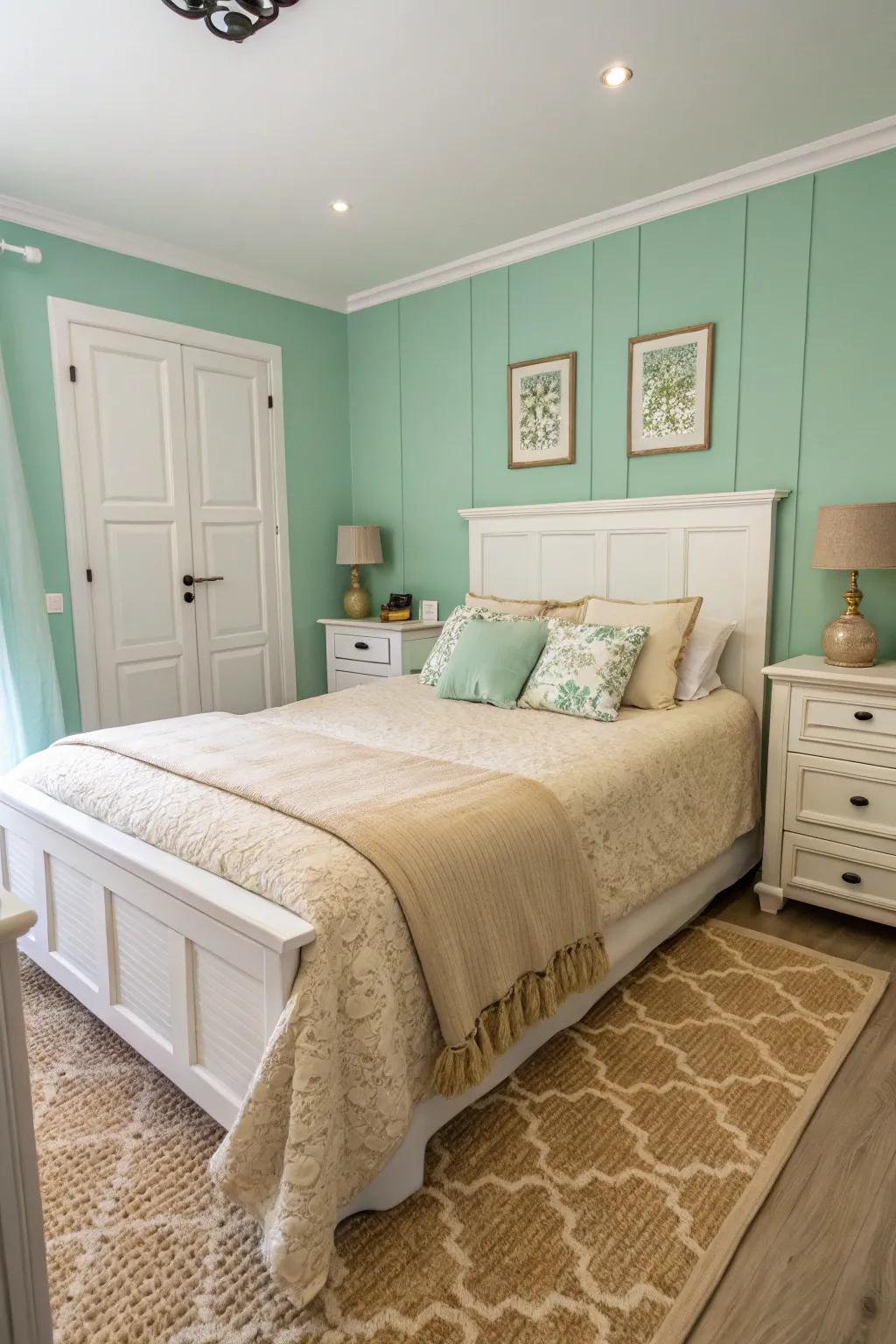 A contemporary bedroom showcasing seafoam serenity walls and neutral details.
