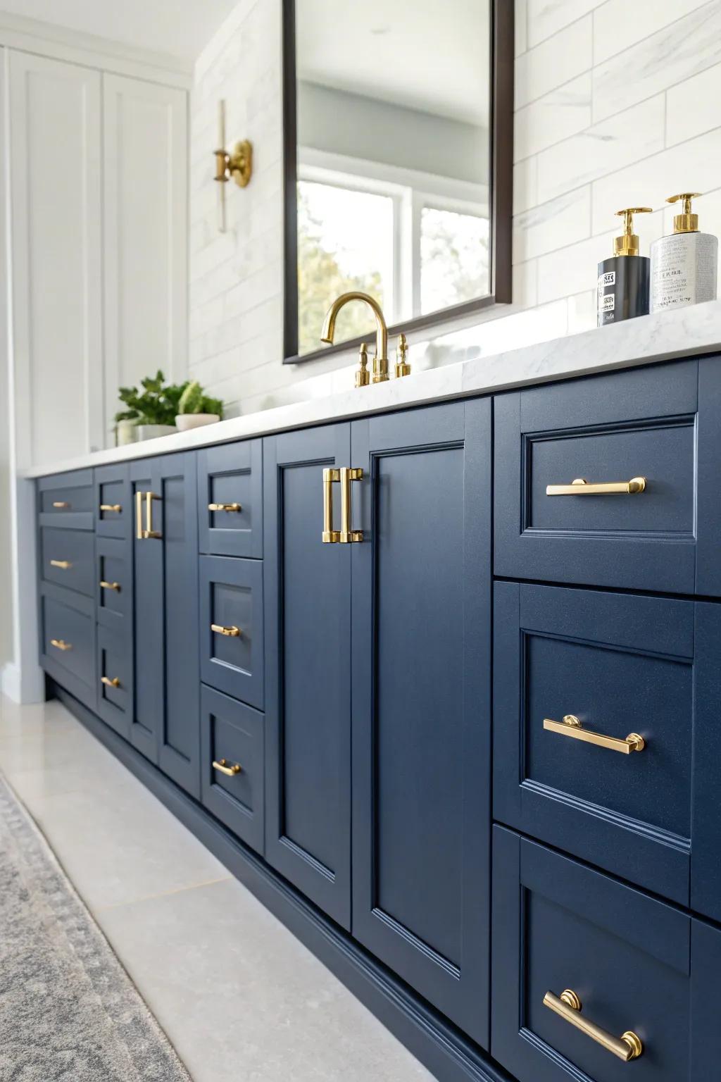 Shiny metal details make dark blue cabinets feel warmer and fancier.