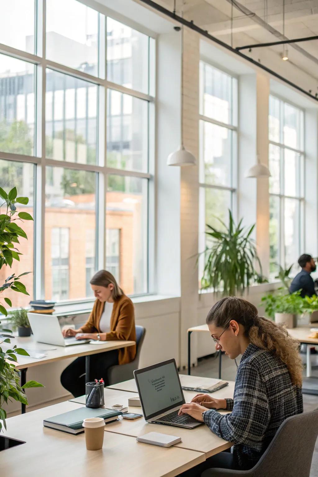 An office landscape with expansive windows allowing plentiful sunlight.
