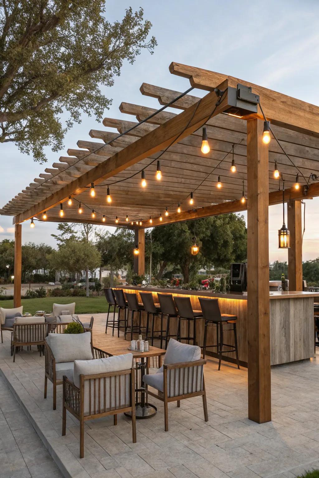 A welcoming bar beneath a pergola, perfect for enjoying sunny afternoons.