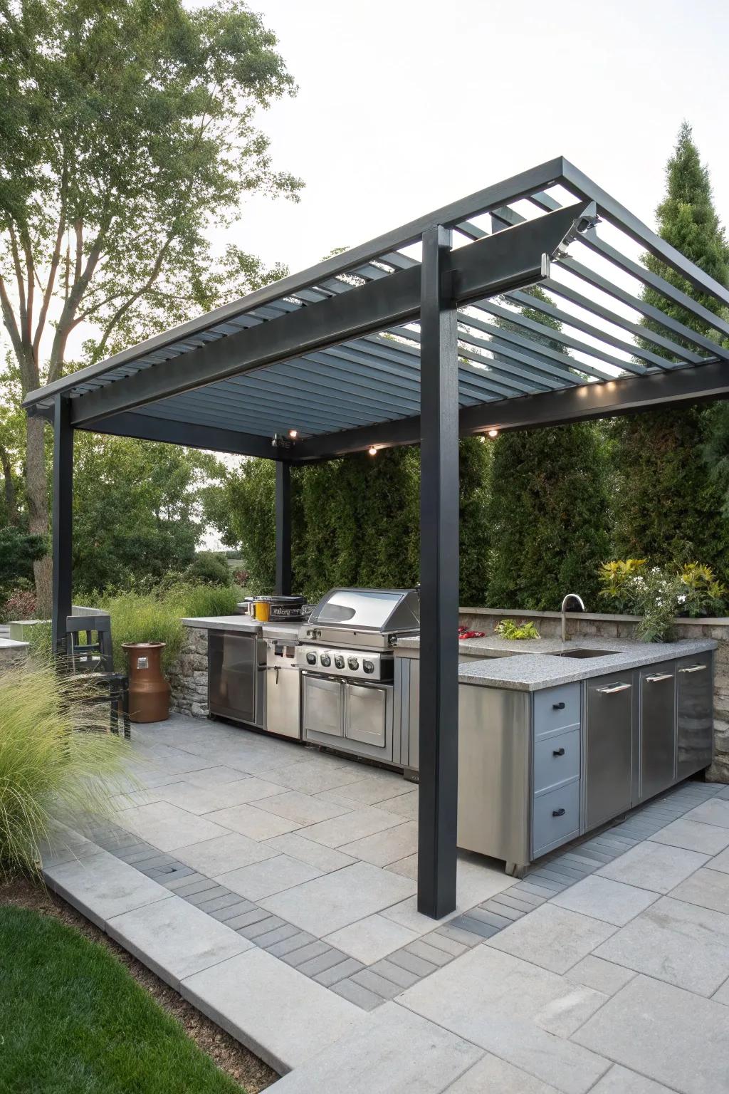 Modern metal pergola enhancing a sleek outdoor kitchen.