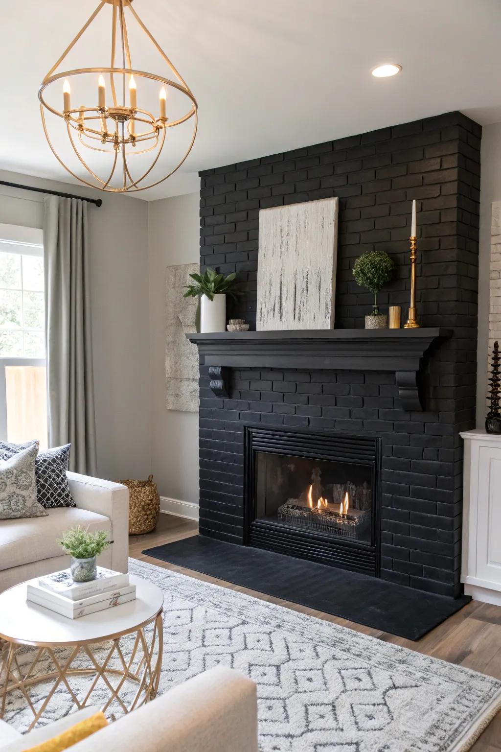 Onyx painted brick fireplace infuses striking flair.