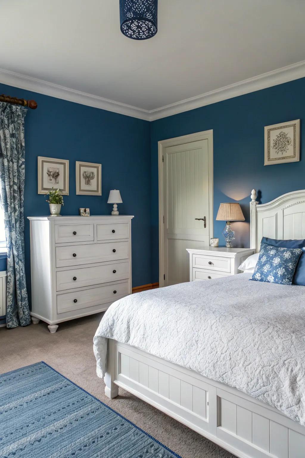 Pale furnishings wonderfully contrast against the regal blue walls, appending a revitalizing detail.