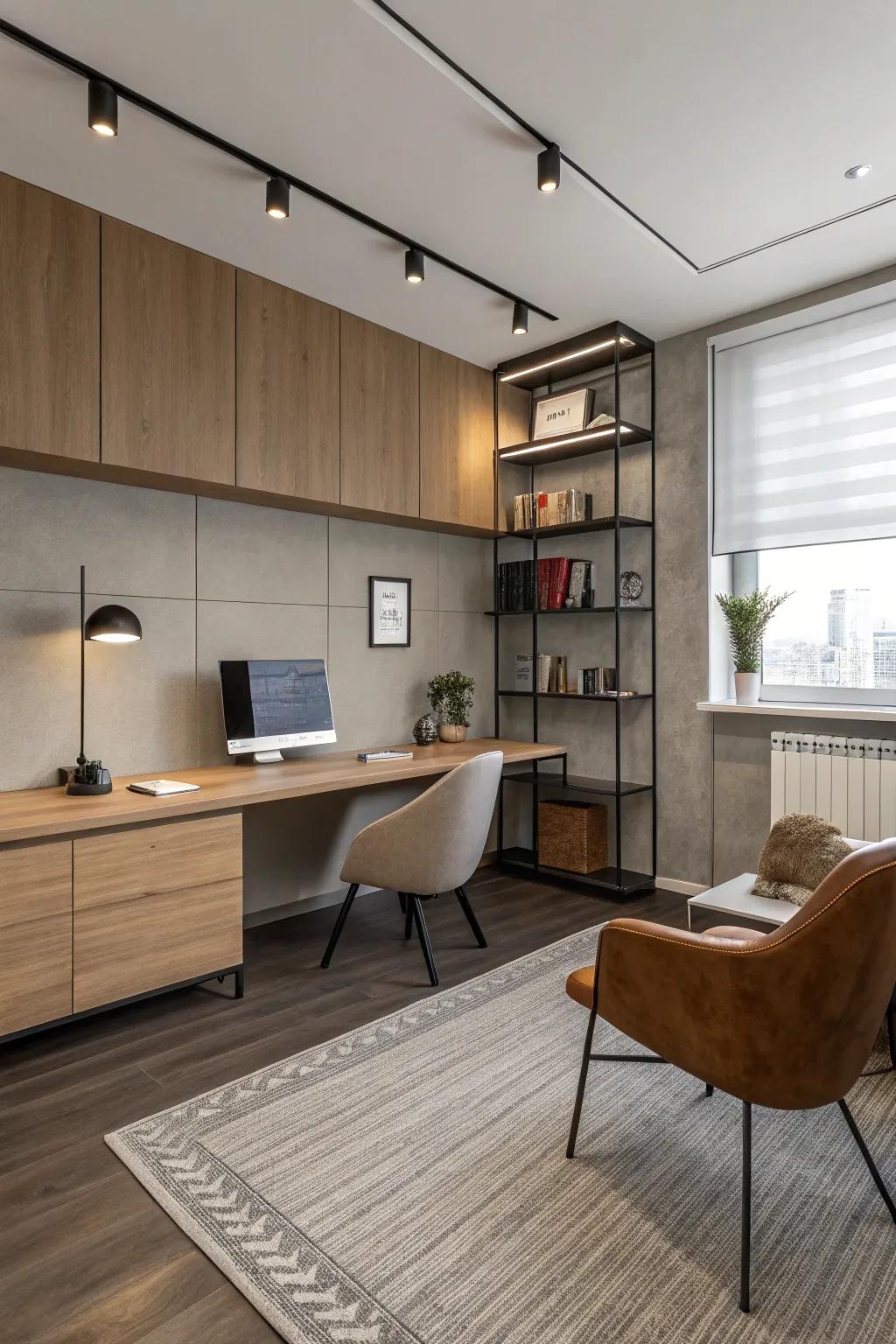 An earthy color scheme creates a calm and inviting office atmosphere.