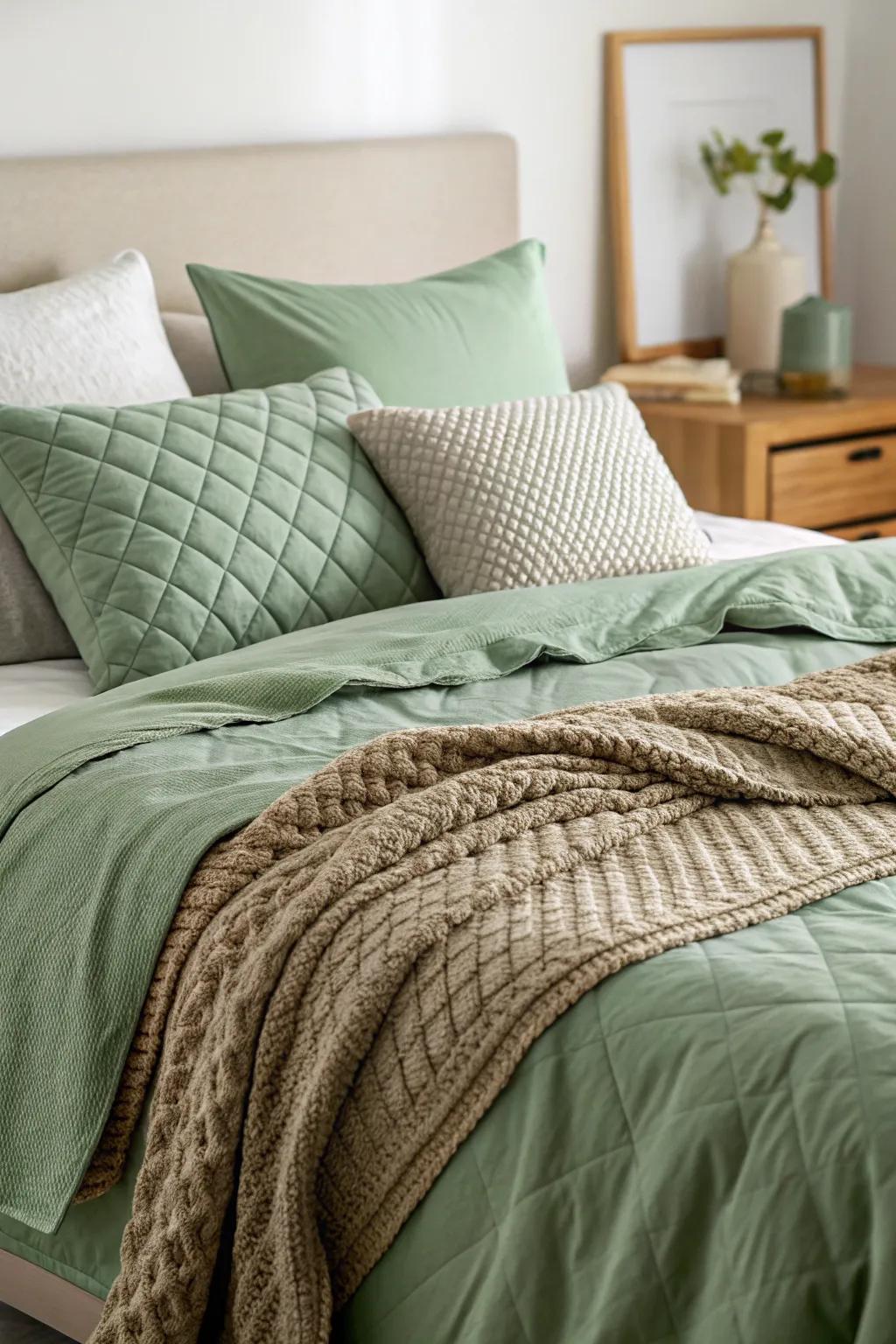 Soft green bedding offers a harmonious and inviting haven.