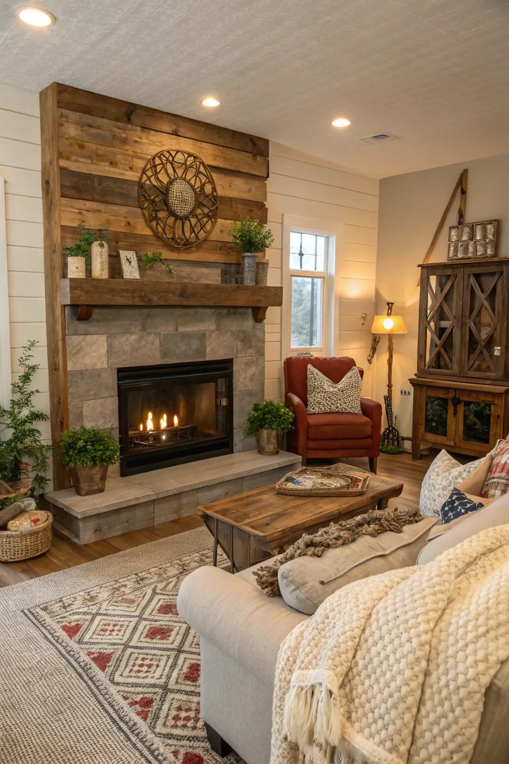 A rustic living room featuring a reclaimed wood shiplap fireplace.