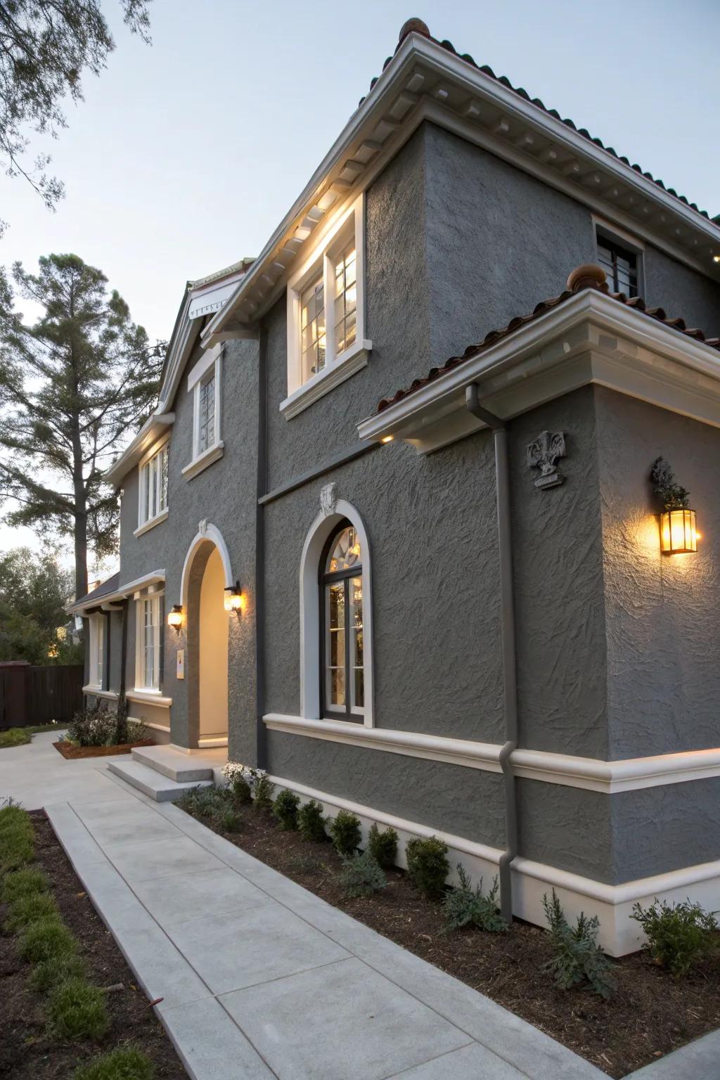 Stone gray stucco house with accentuating pale edges.