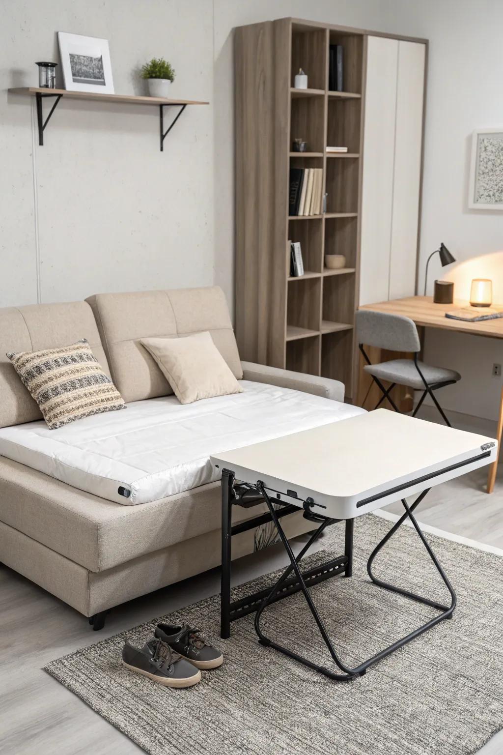 A fashionable sofa bed and extendable table are features of the minimalist studio apartment furnishings.