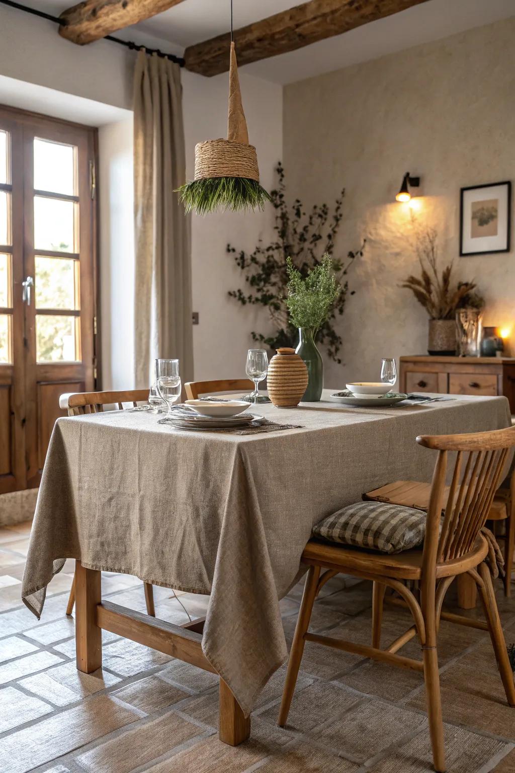 Understated natural colors create a serene vibe in the dining area.