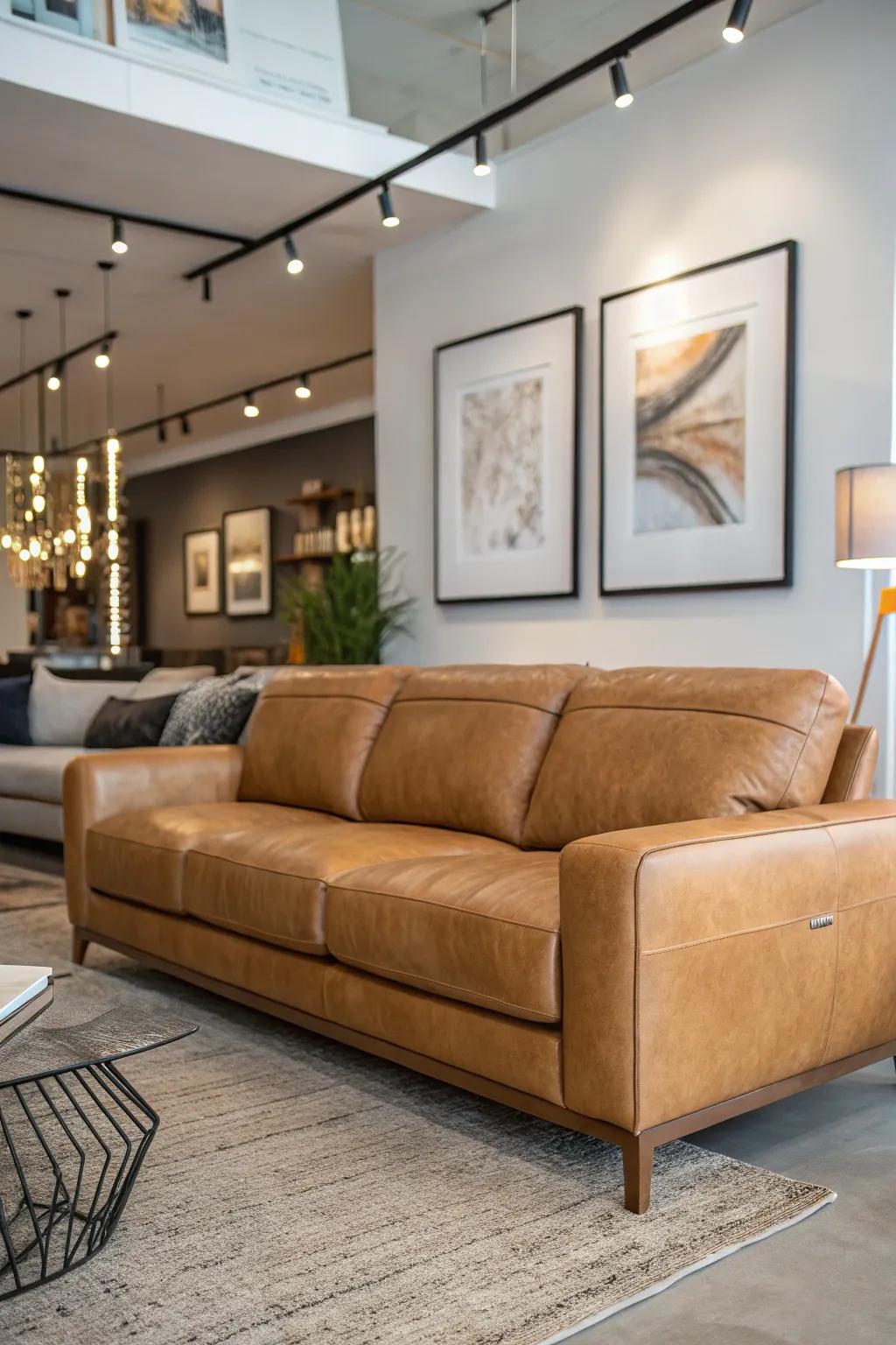 Contemporary artistic expression enlivens a sitting room featuring a russet hide settee.