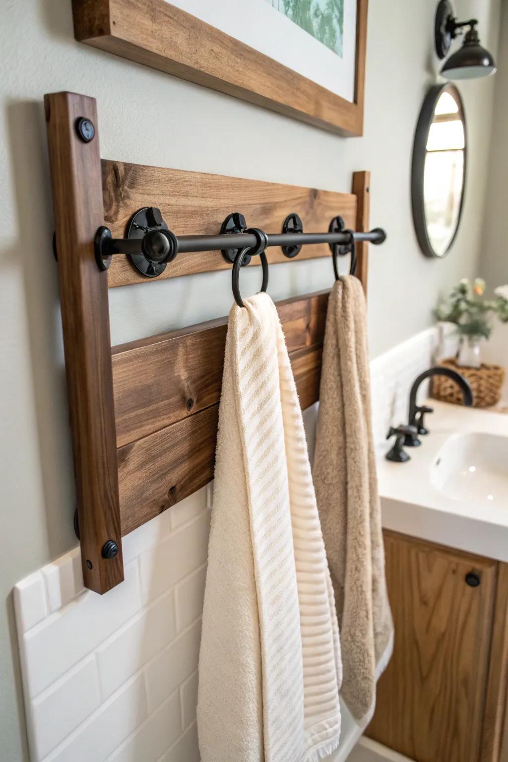 Timber harmonizes with alloy in this stylish towel rack design.