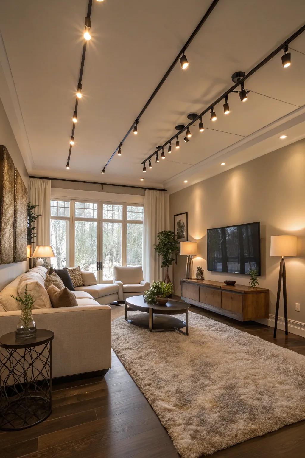 Track lighting in a living room acts as an eye-catching decorative element.