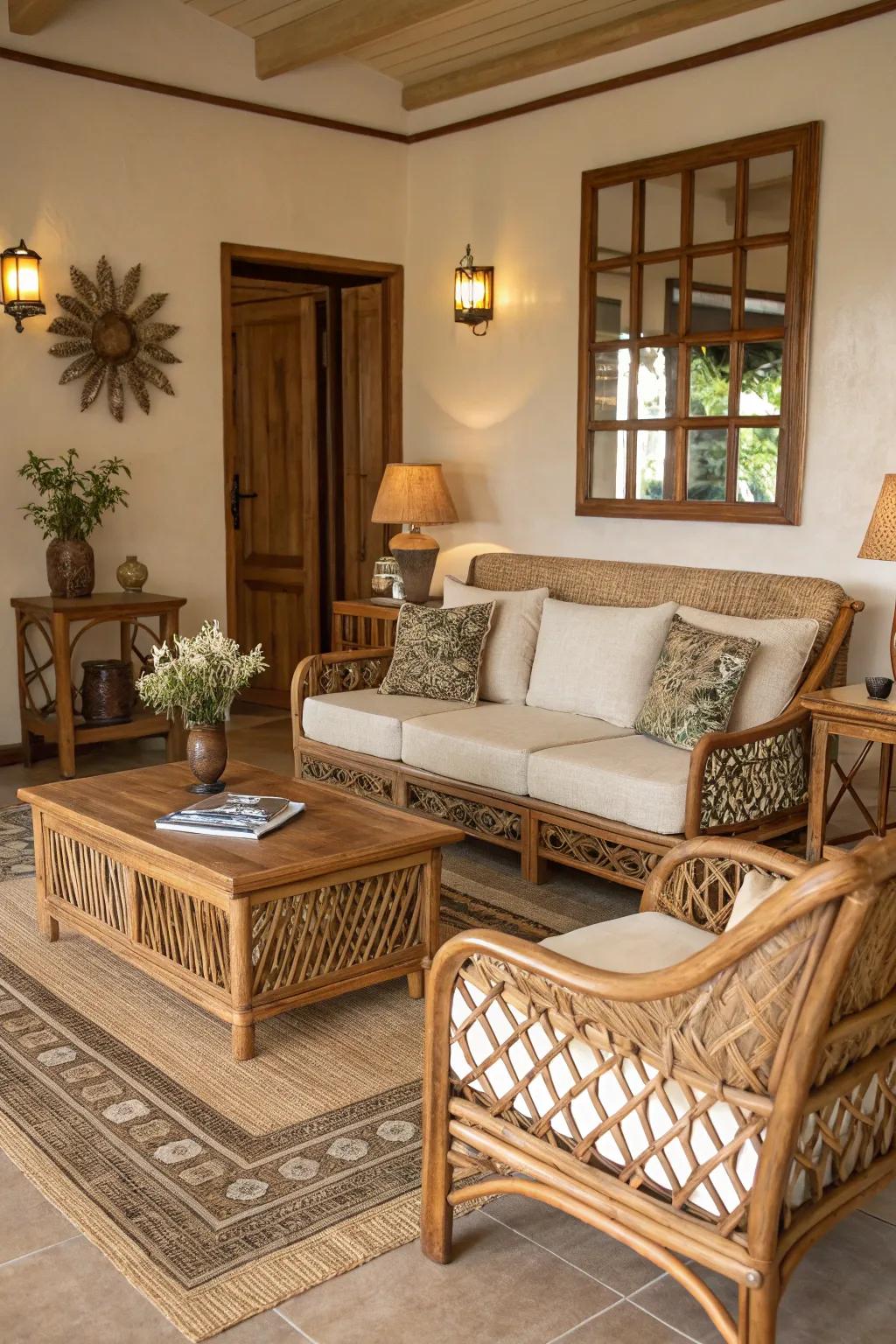 Natural elements such as wicker and timber amplify the tropical vibe.