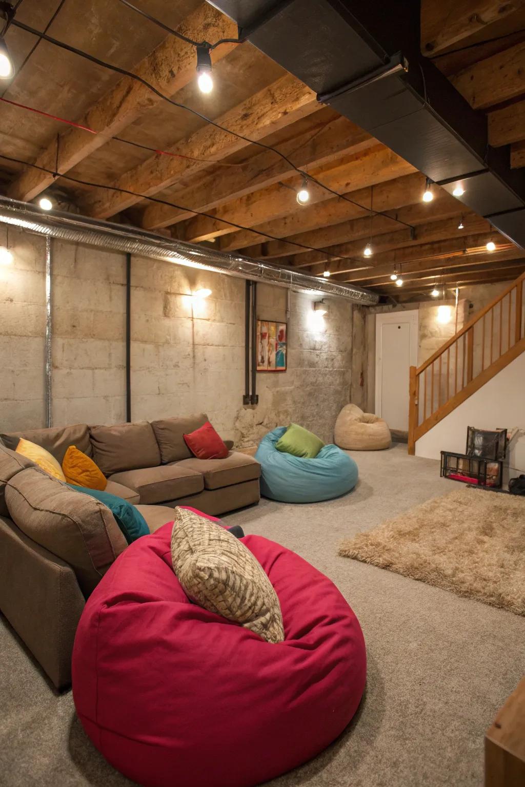 A cozy seating area in a modern unfinished basement.