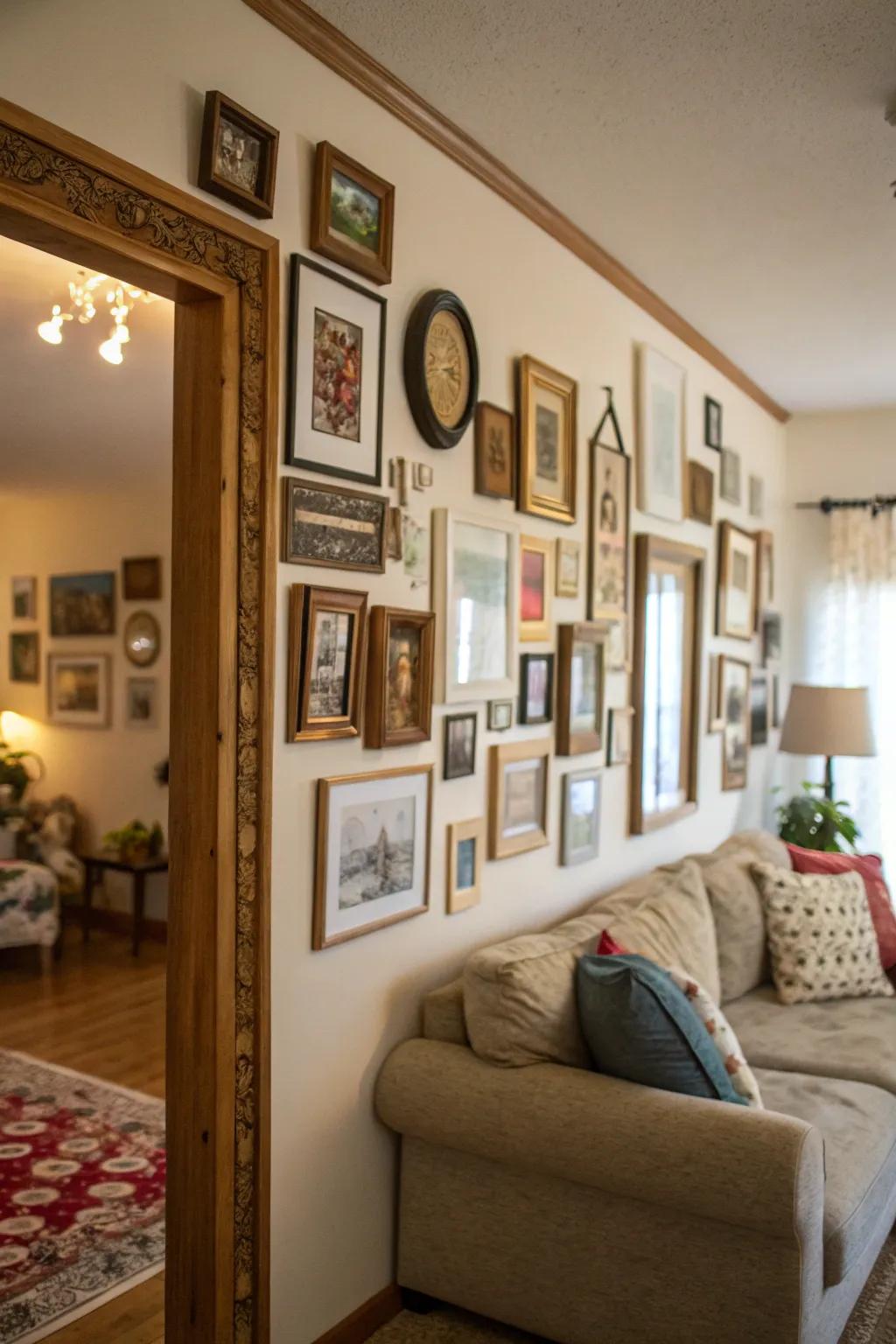 An inviting display wall featuring art, photos, and mirrors.