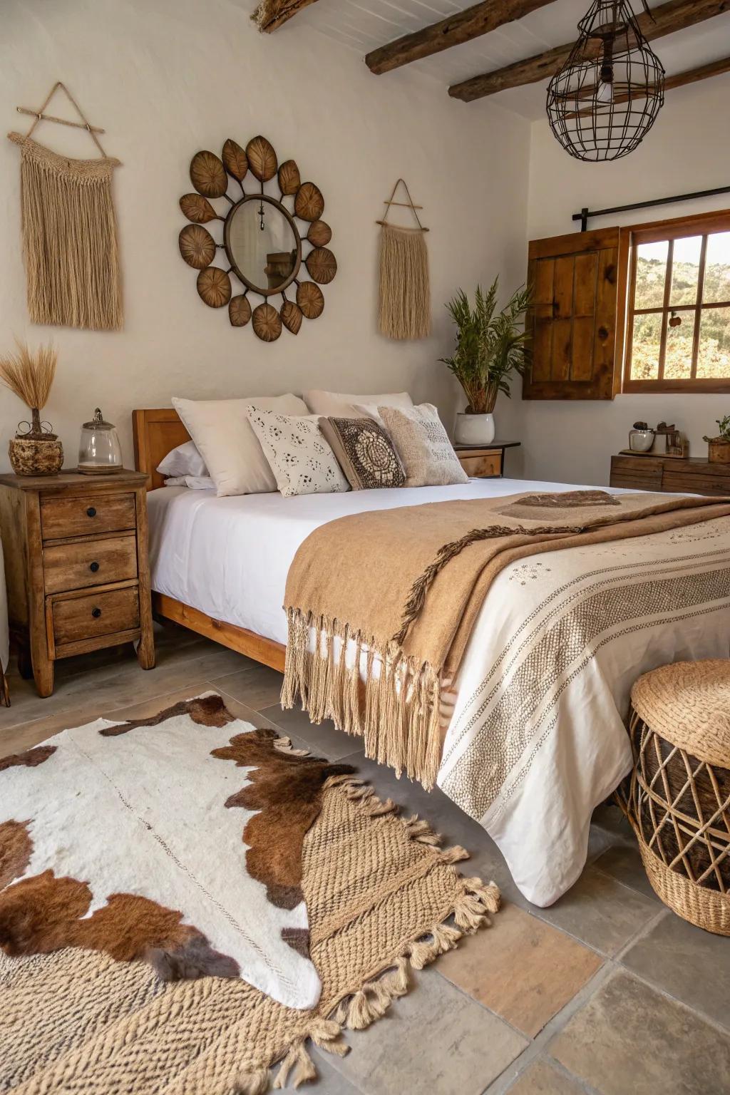Pastoral decorative features similar to bullhide rugs carry the core of the west to your bedroom.