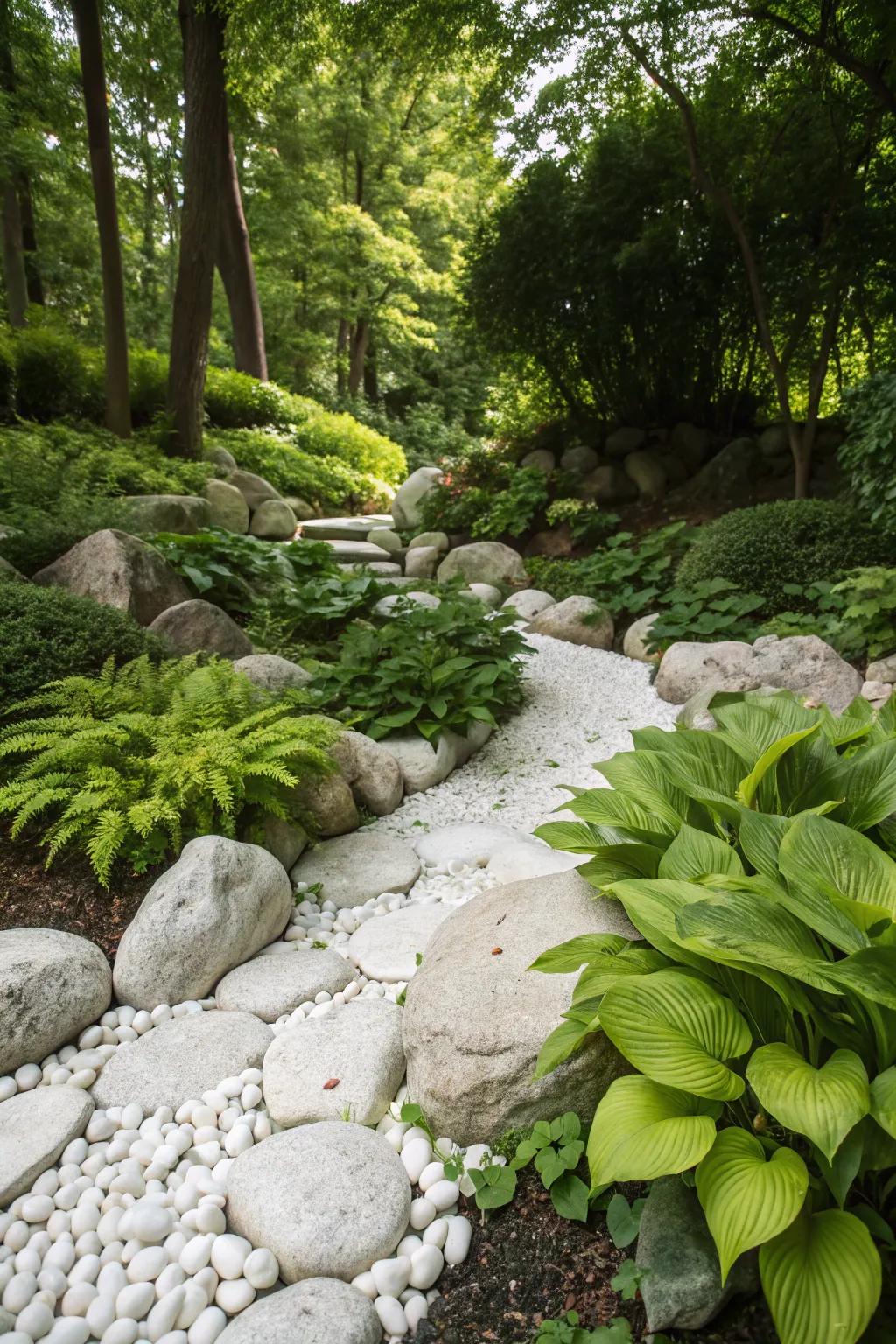A rich garden presenting a captivating contrast between pale stones and vibrant green foliage.