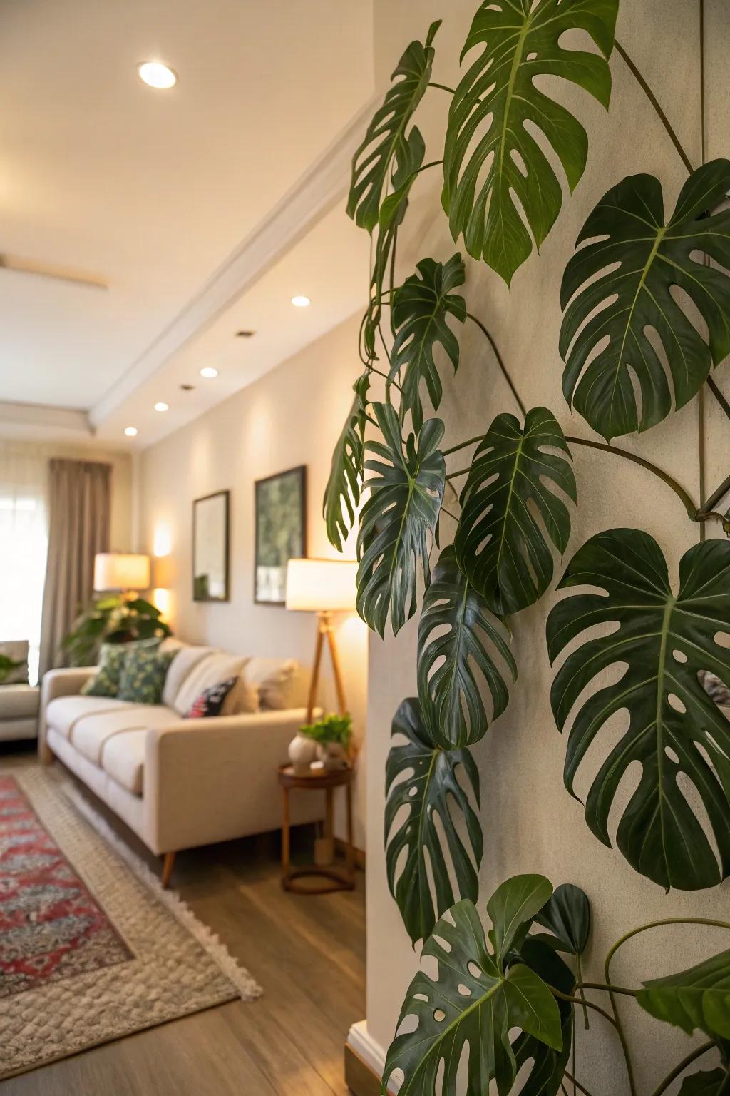 An artistic monstera leaf mural gives a living room wall greater depth.