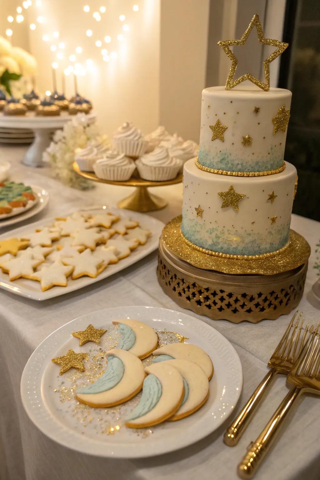 A celestial sweet treats display presenting delightful delicacies beneath the stars.
